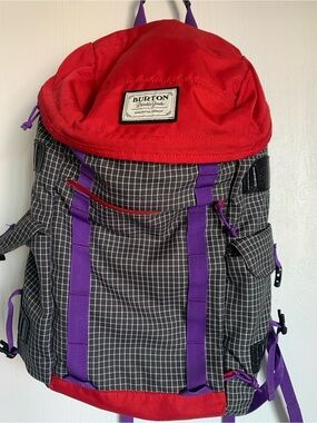 Back to School or Work Burton Red Top Grid Backpack with Purple Straps